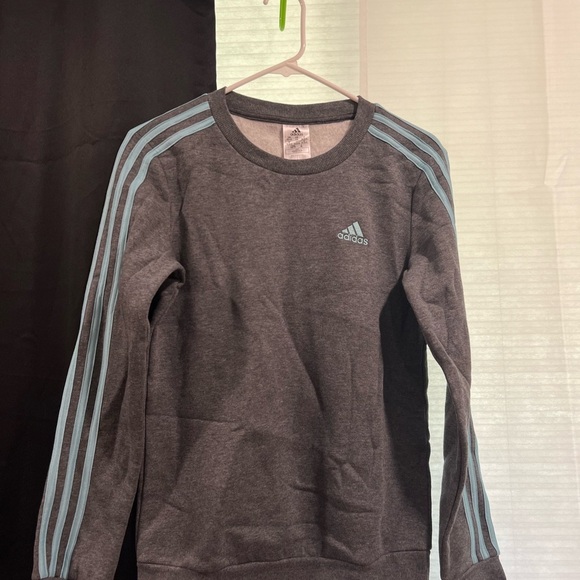 NWT Womens Adidas Gray Crewneck Long Sleeve w/ Blue Signature Stripes Size XS - Picture 2 of 6